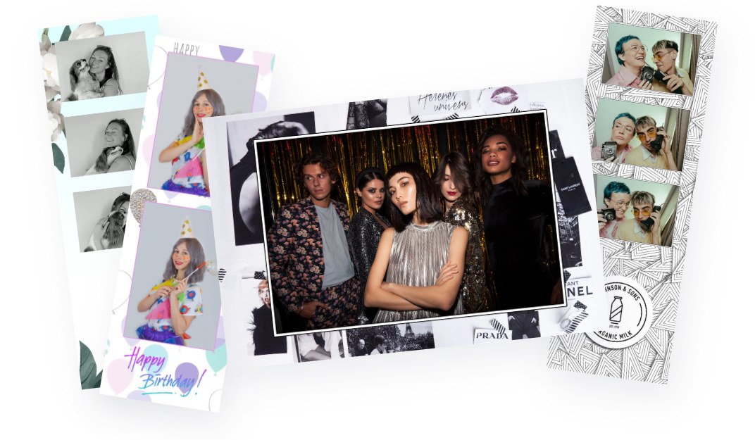 A collage of MixUp photo strips, a group photograph and square frames