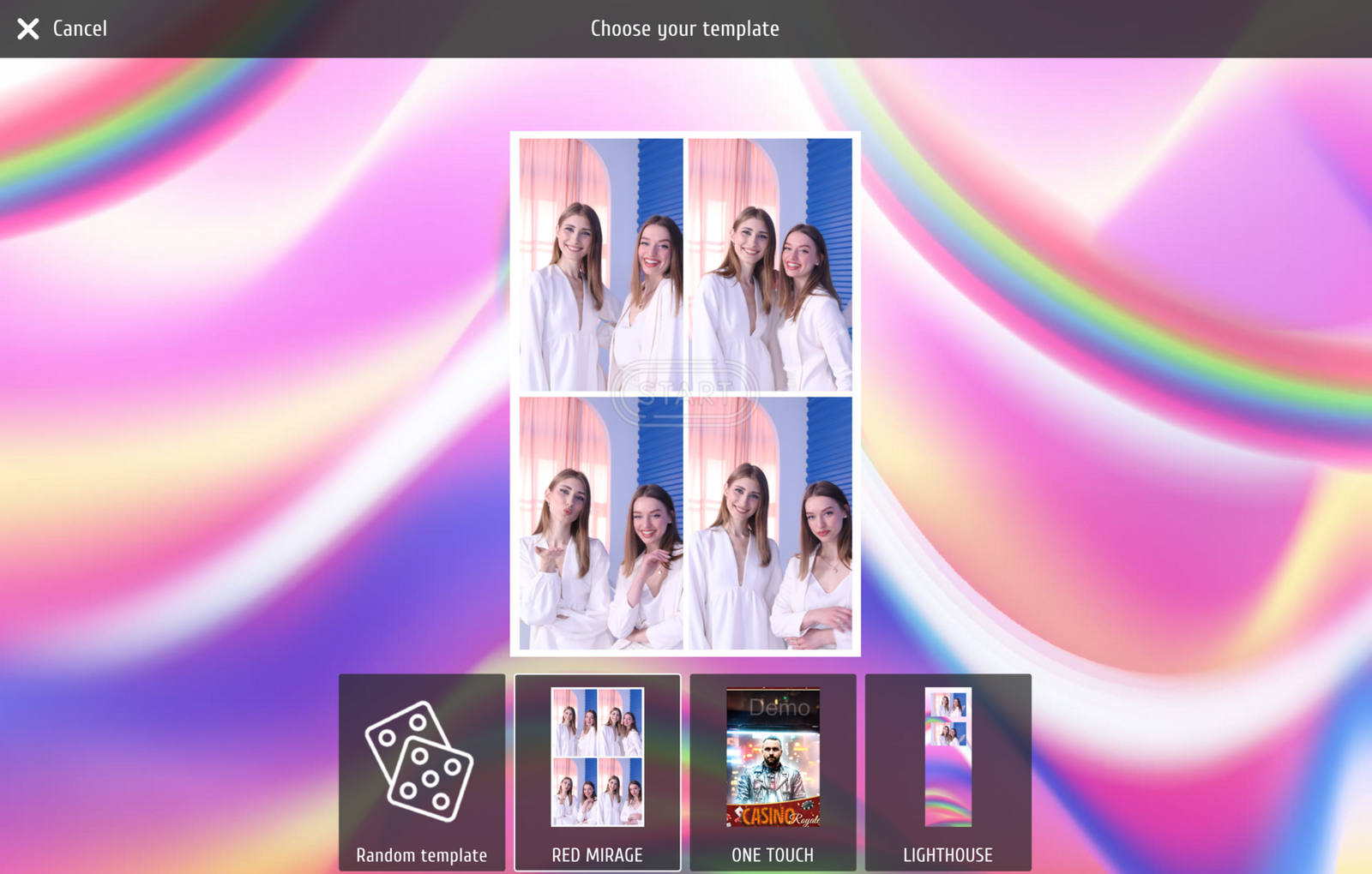 MixUp interface for choosing a photo template