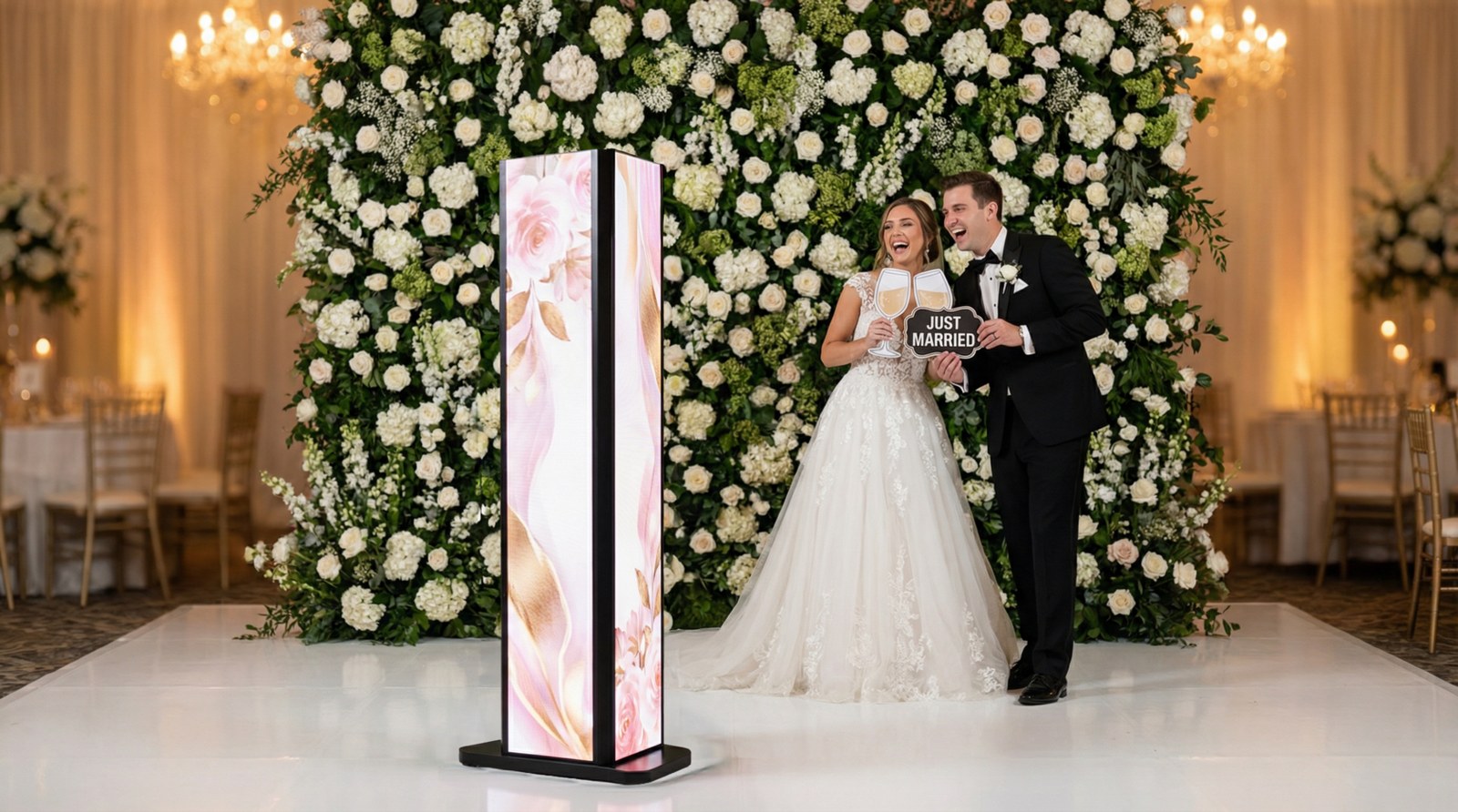 Stellar beside a couple at a wedding venue